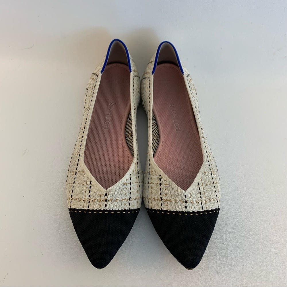 Rothy's Cream Tweed Pointed Toe Flats with Black Cap Toe and Blue Trim